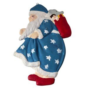 Handpainted Sleepy Blue Santa Pere Noel Christmas Ornament Decor Ceramic